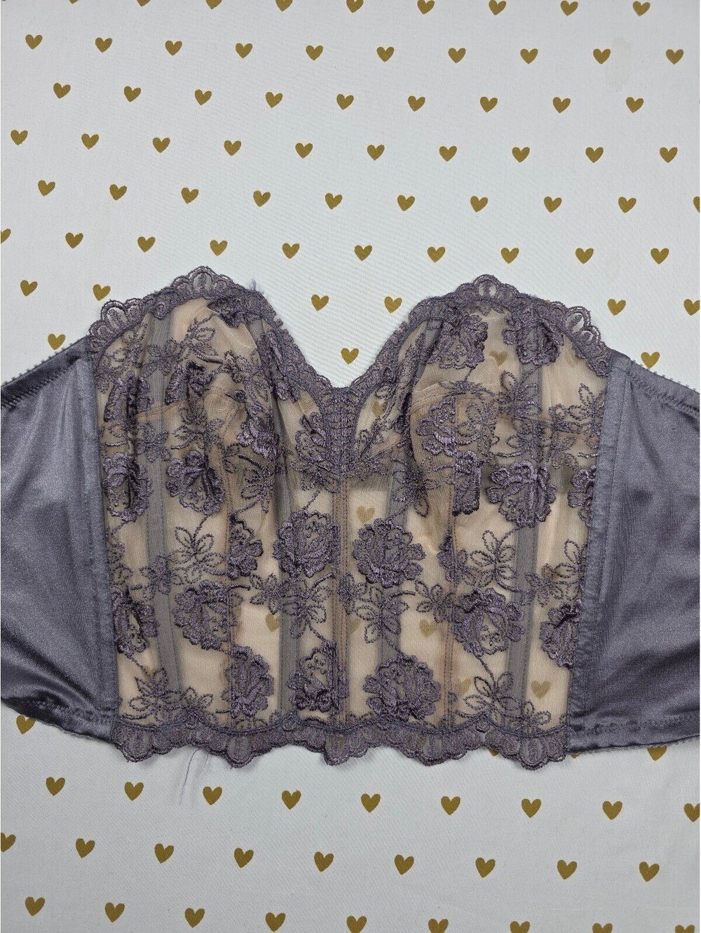 Vintage 1999 Victoria's Secret Bustier 34C Gray Floral Lace Corset Strapless